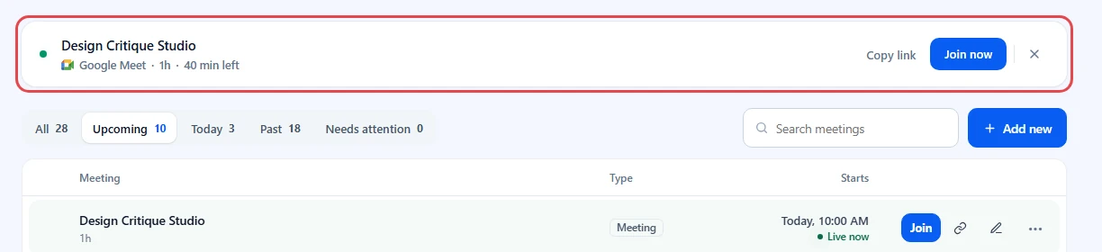 Live now strip for Design Critique Studio above the meeting list