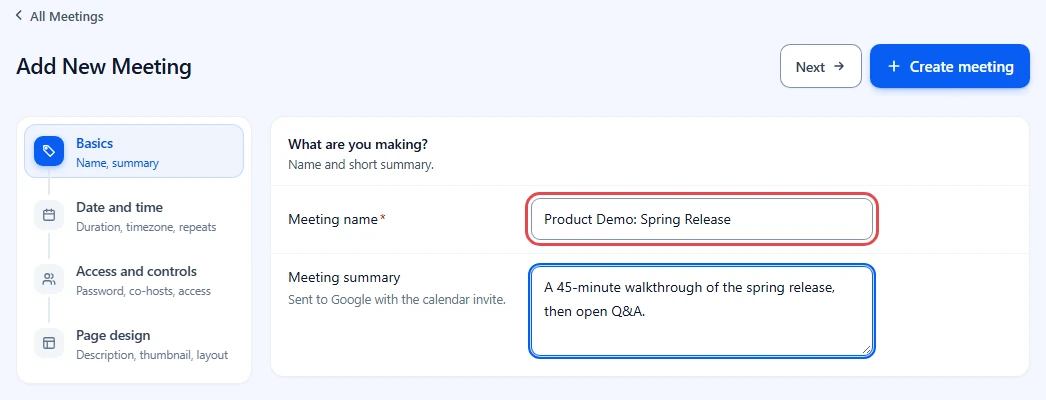 Basics step with Meeting name and Meeting summary filled in