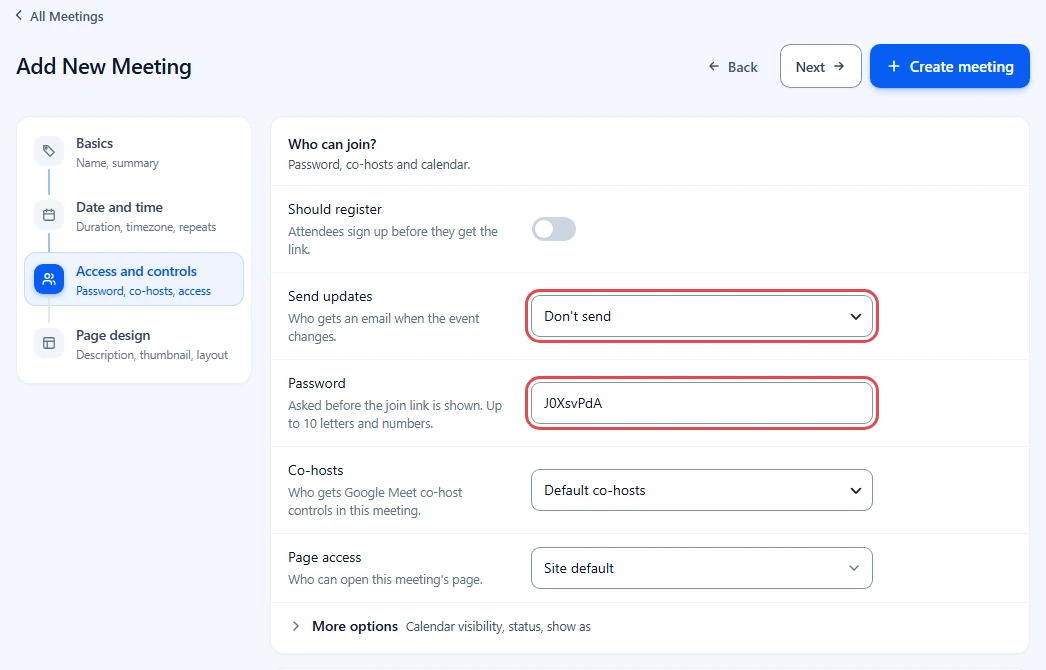 Access and controls step with Send updates and Password highlighted