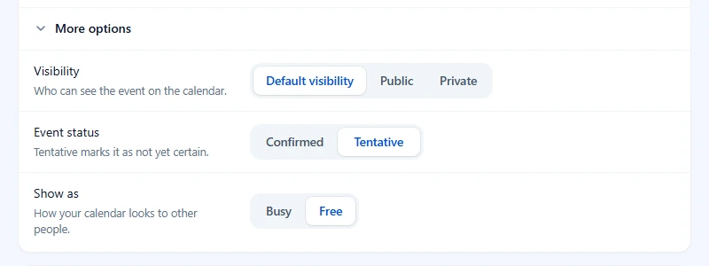 More options open with Visibility, Event status and Show as