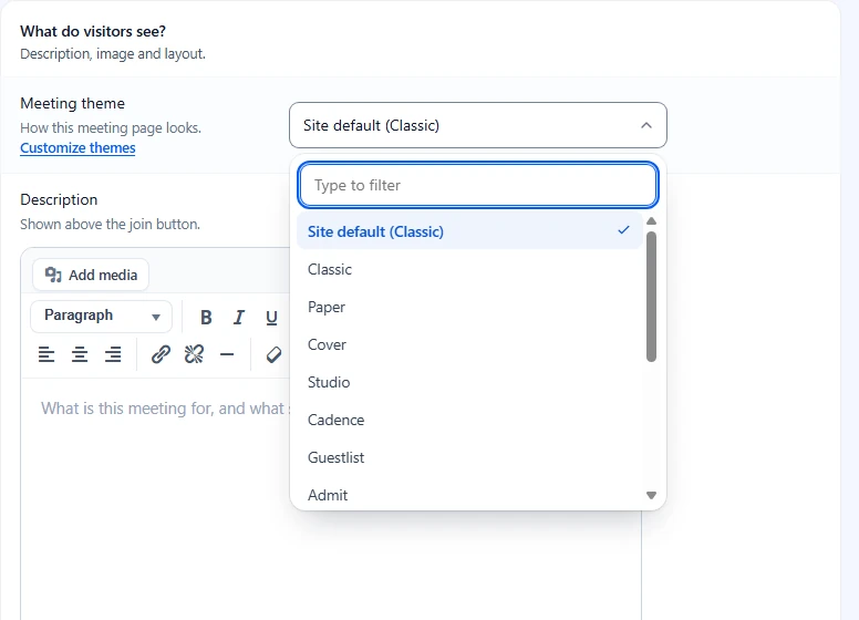 Meeting theme list open with Site default (Classic) selected
