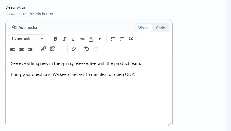 Description editor with two short paragraphs about the demo