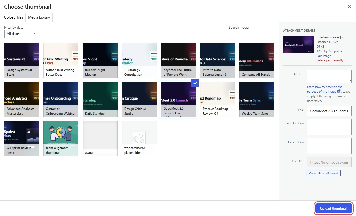 Choose thumbnail window with an image selected and the Upload thumbnail button highlighted