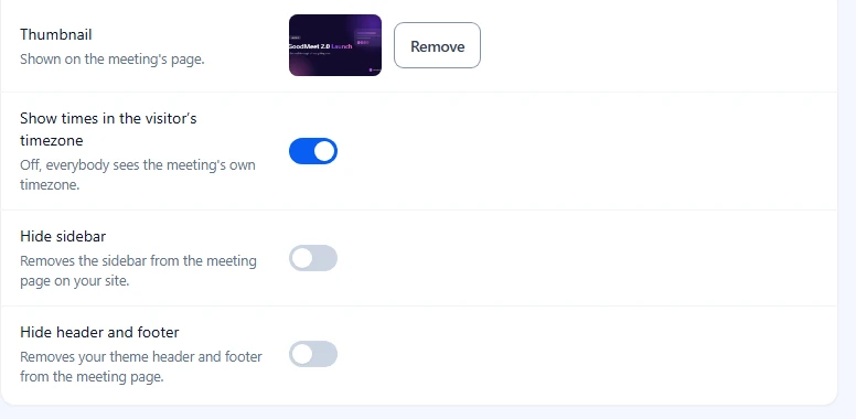Thumbnail preview with Remove button, followed by the three layout switches