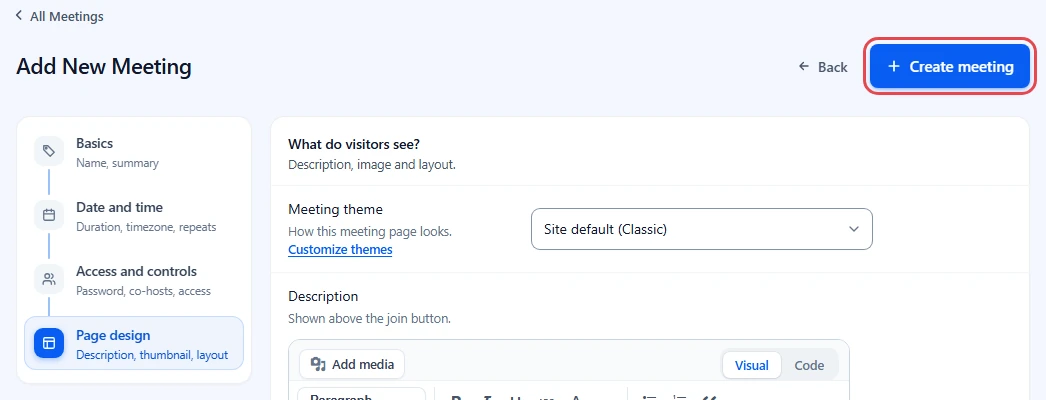 Create meeting button highlighted in the form header