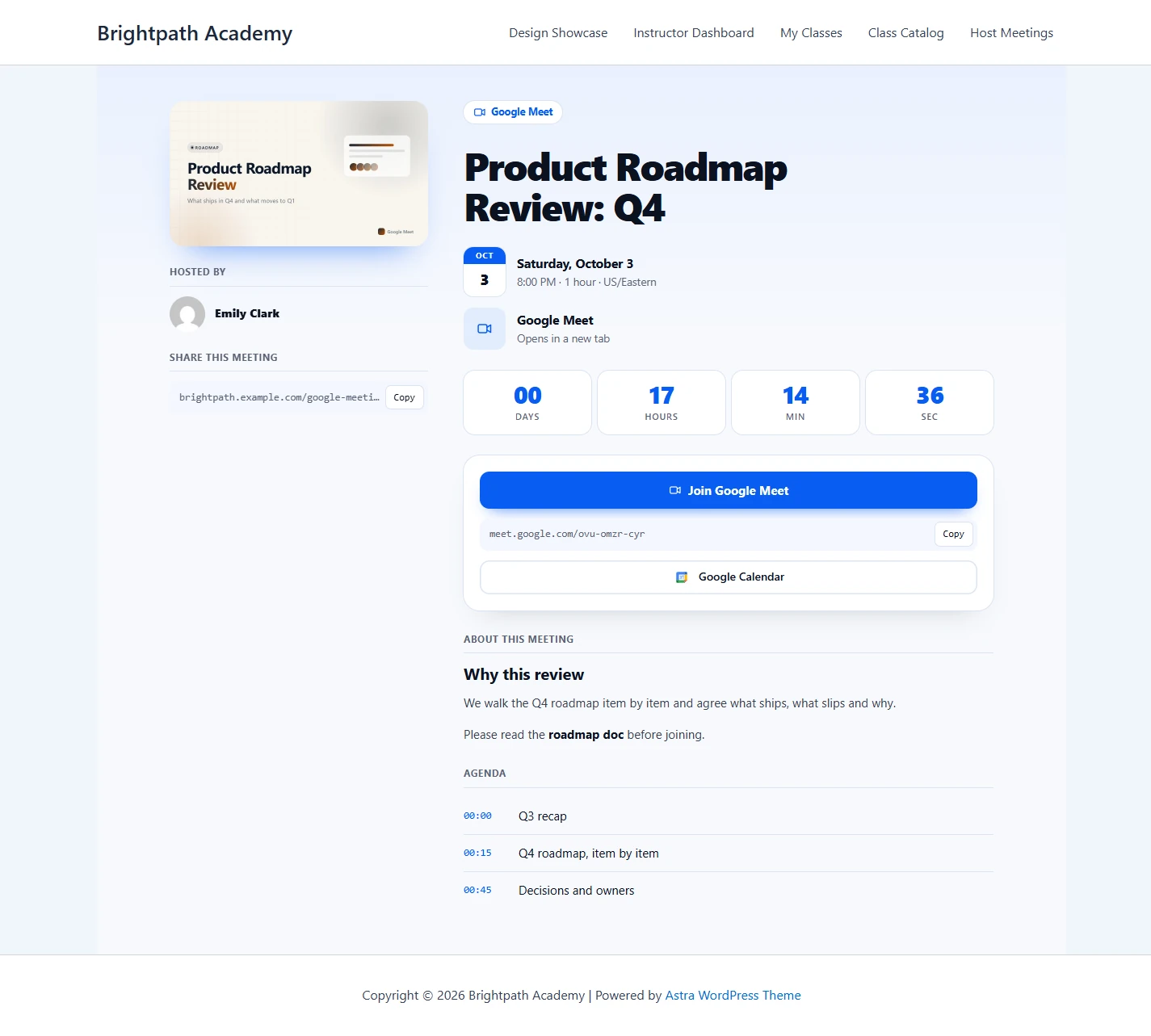 Product Roadmap Review: Q4 meeting page with countdown and Join Google Meet button
