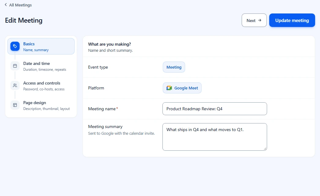 Edit Meeting form on the Basics step with Update meeting at the top right
