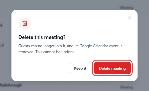 Delete this meeting? dialog with the Delete meeting button highlighted