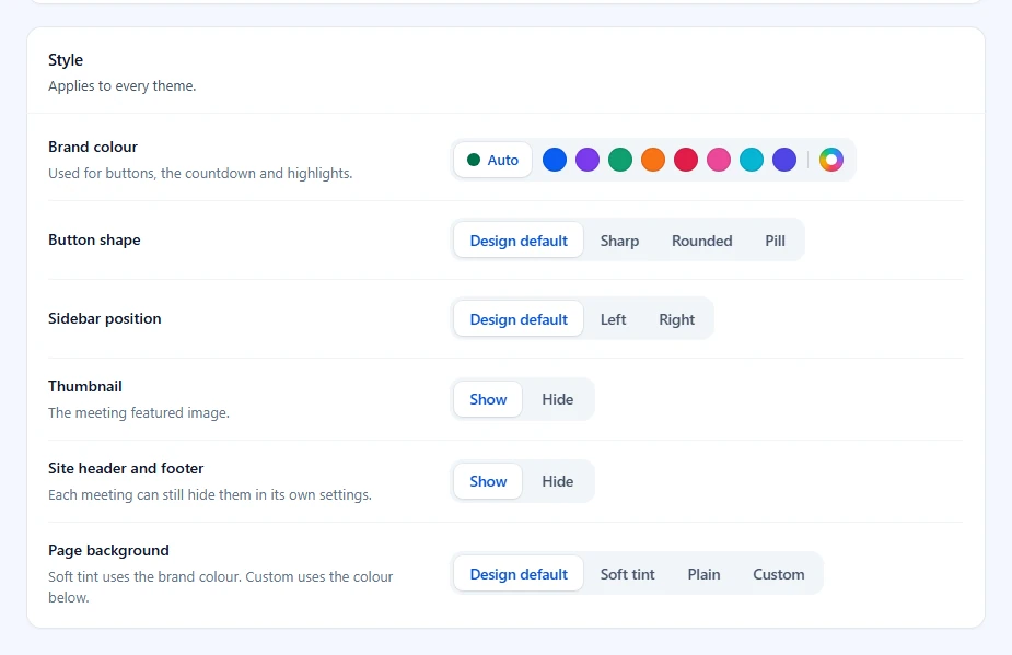 Style group with Brand colour, Button shape, Sidebar position, Thumbnail, Site header and footer and Page background