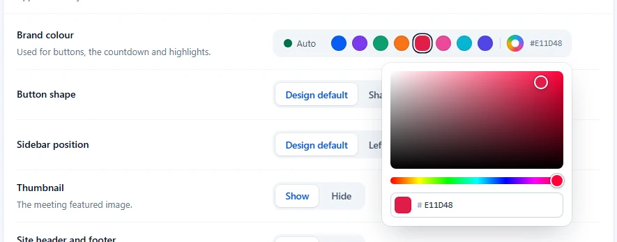 Custom colour picker open with a colour square, hue slider and hex field