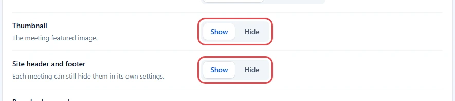 Thumbnail and Site header and footer rows, each with Show and Hide