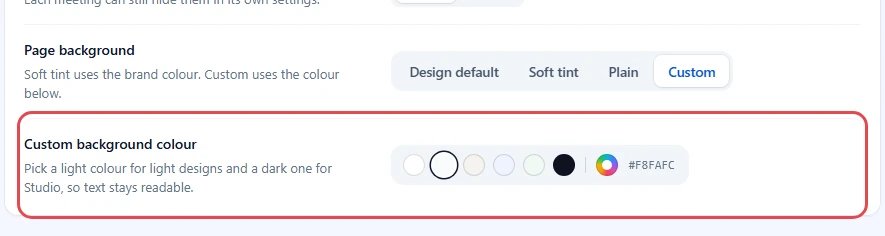 Page background set to Custom, showing the Custom background colour row