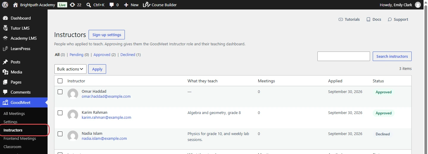 GoodMeet admin menu with Instructors highlighted and the instructors list open