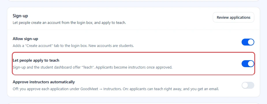 Sign-up group with Let people apply to teach highlighted