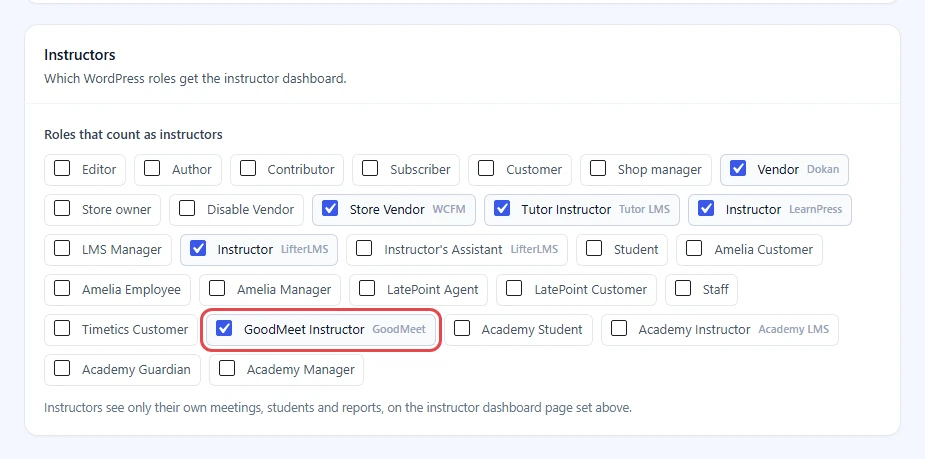 Roles that count as instructors with GoodMeet Instructor highlighted