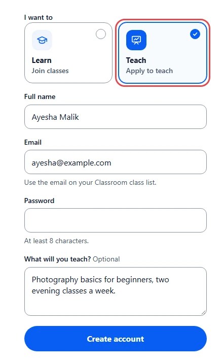 Create account form with the Teach option highlighted