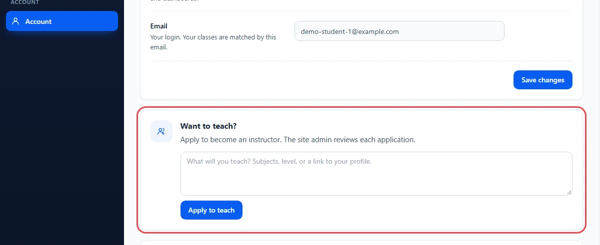 Student dashboard Account section with the Want to teach card highlighted