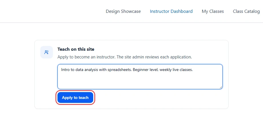 Teach on this site card with a filled note and the Apply to teach button highlighted