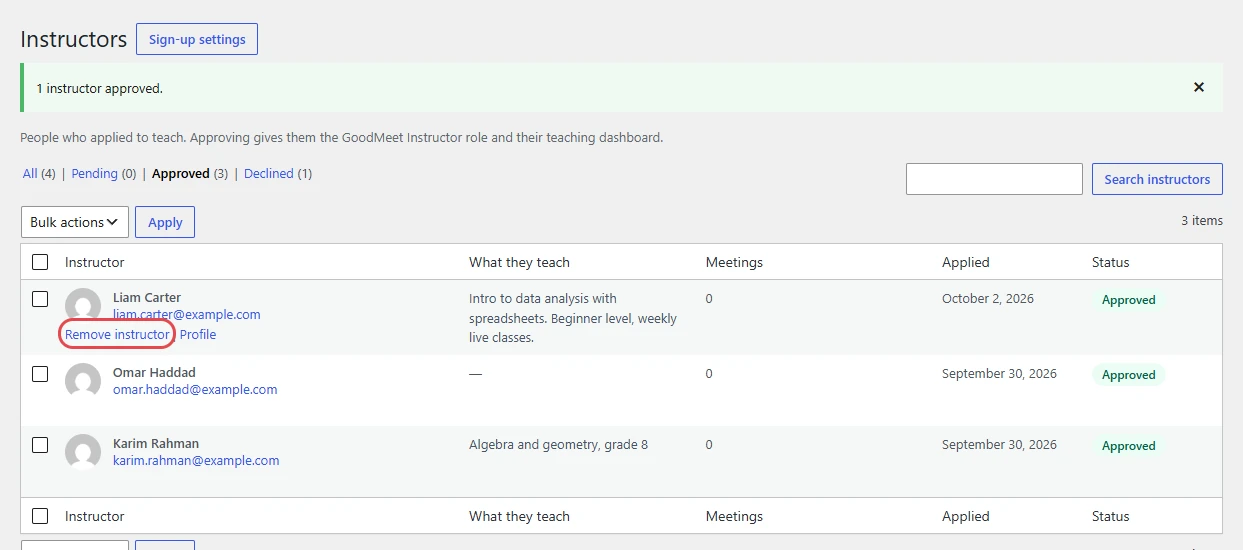 Approved view with the success message and the Remove instructor link highlighted
