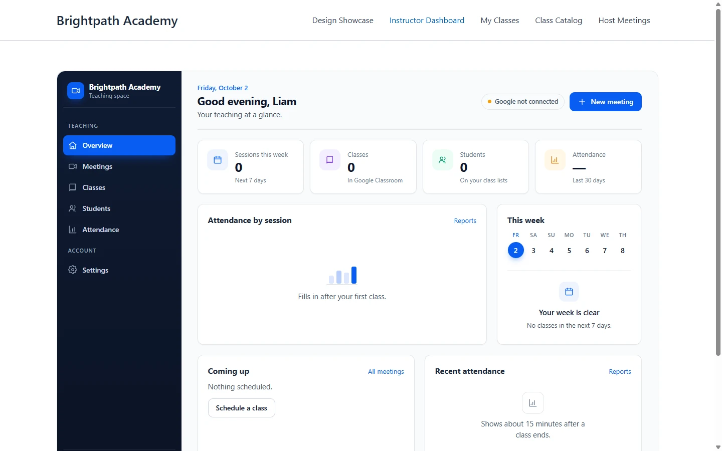 New instructor's teaching dashboard with Overview, Meetings, Classes, Students and Attendance