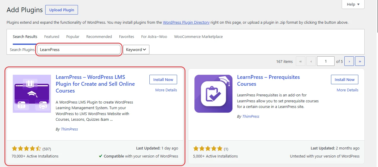 Add Plugins screen with the LearnPress search result highlighted