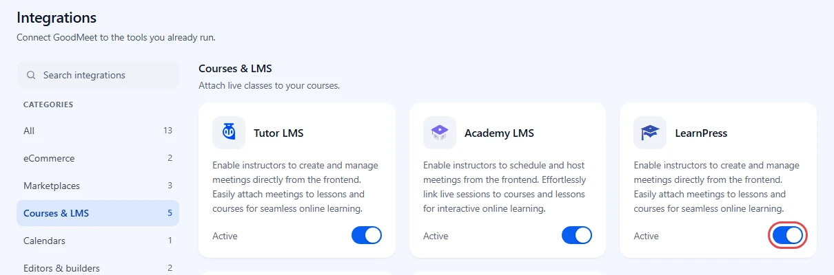 Integrations screen with the Courses & LMS category open and the LearnPress toggle highlighted