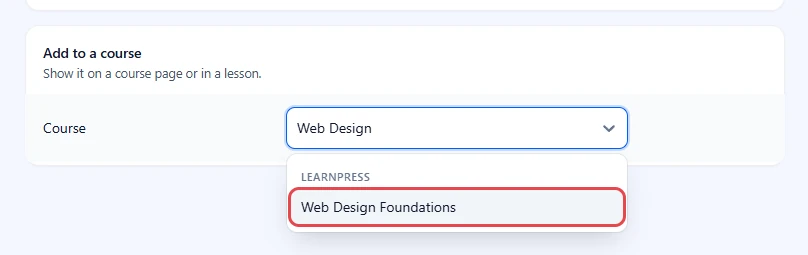 Add to a course card with the course search open and Web Design Foundations listed under LearnPress