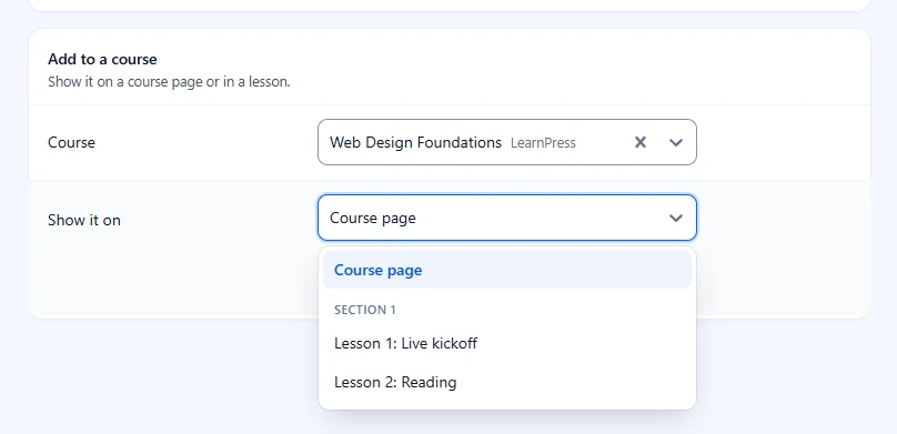 Show it on menu open with Course page and the lessons of Section 1