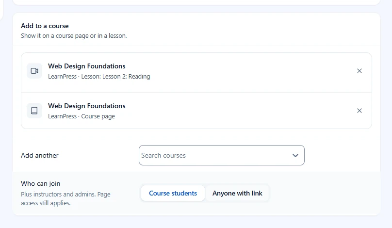 Add to a course card with two rows, one lesson and one course page, and the Who can join choice open
