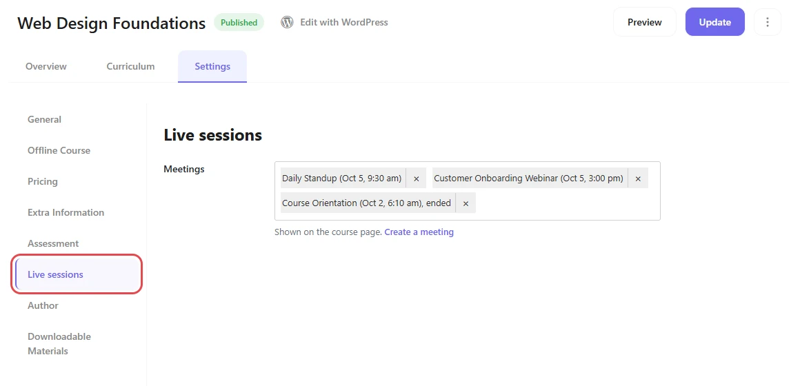 LearnPress Course Builder settings with the Live sessions tab highlighted and three meetings in the Meetings field