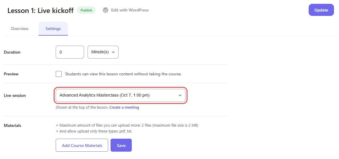 Course Builder lesson settings with the Live session select highlighted