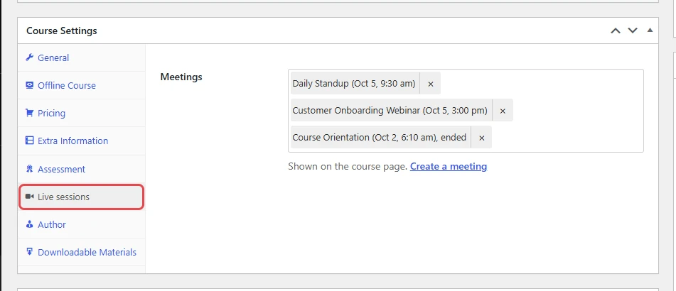 Classic LearnPress course editor with the Live sessions tab highlighted in Course Settings