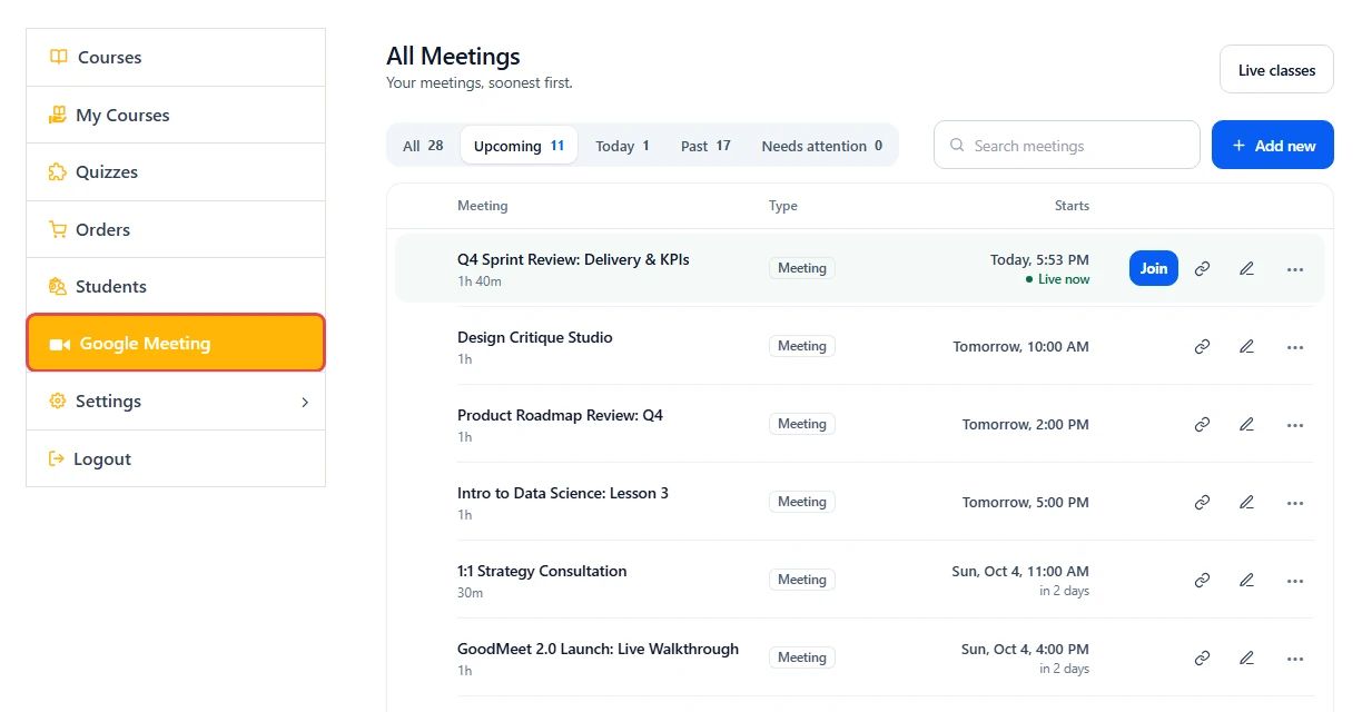 LearnPress profile with the Google Meeting tab highlighted and the All Meetings list