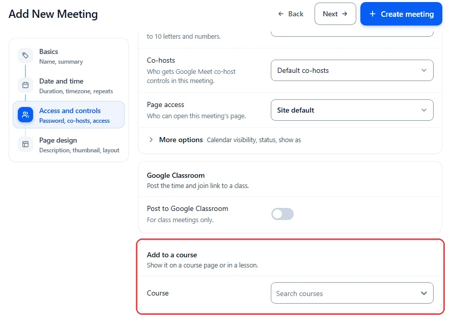 Meeting form inside the LearnPress profile with the Add to a course card highlighted