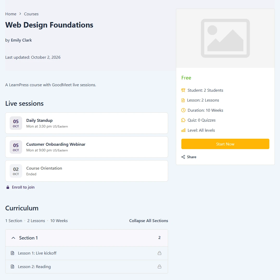 LearnPress course page for a logged-in user who is not enrolled