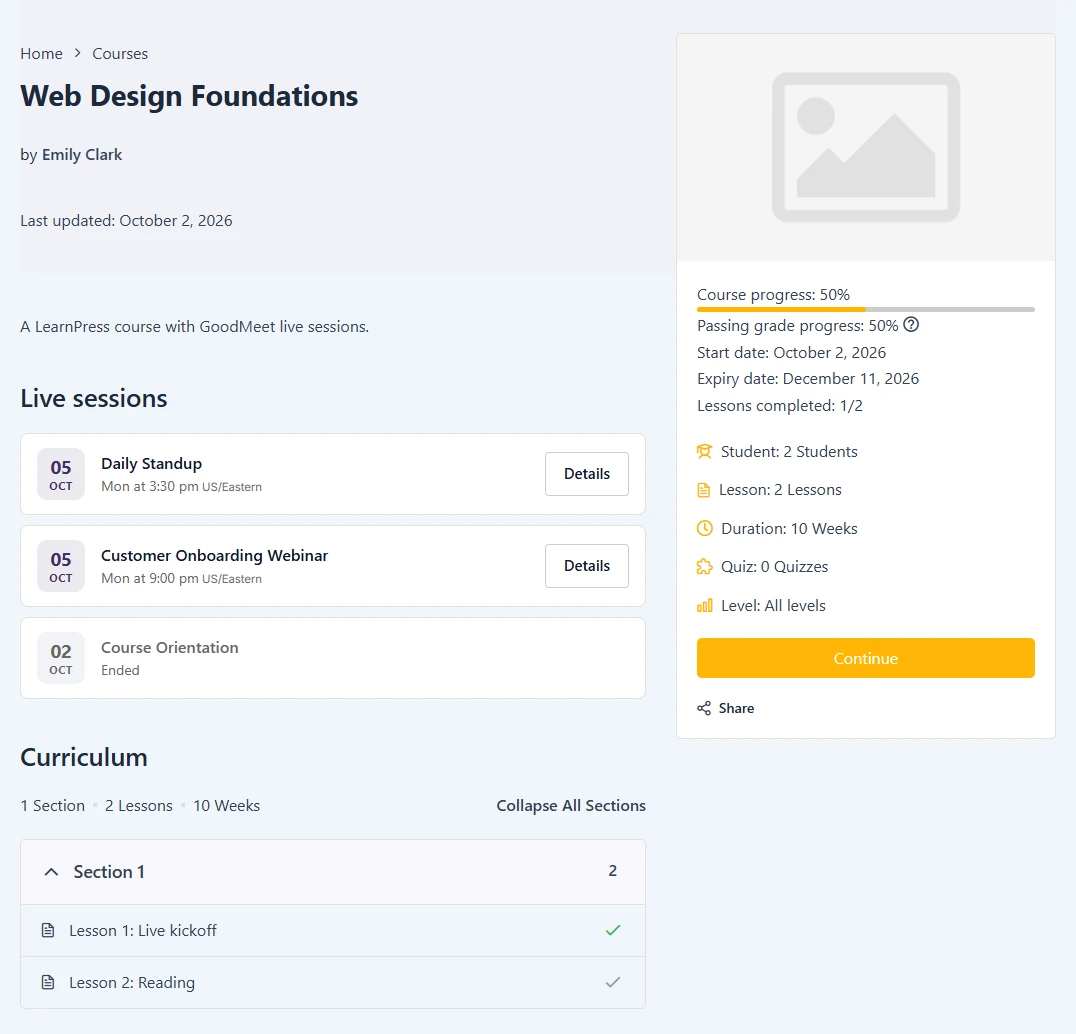 LearnPress course page for an enrolled student with Details buttons on upcoming sessions