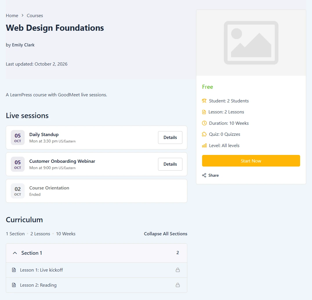 LearnPress course page for the course instructor with Details buttons