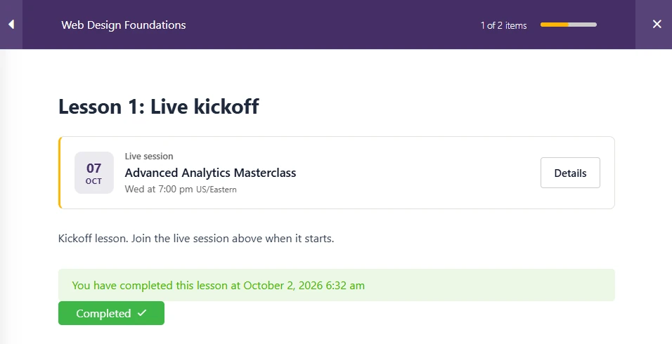 LearnPress lesson with a Live session card for Advanced Analytics Masterclass under the title