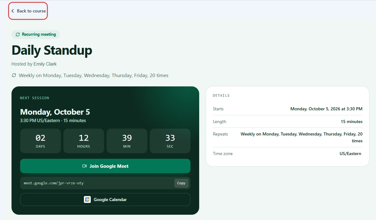 Meeting page with the Back to course link highlighted