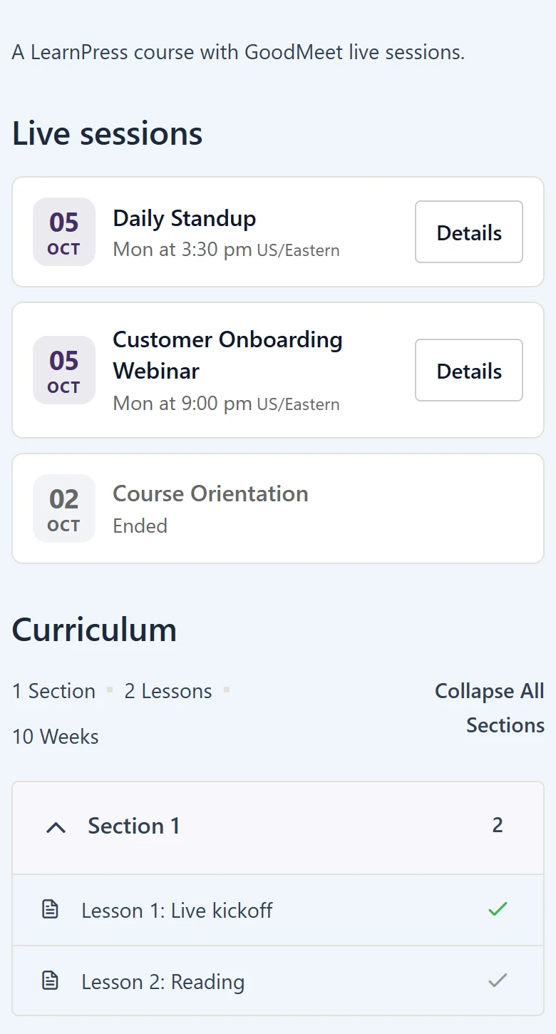 LearnPress course page on a phone with the Live sessions list stacked above Curriculum