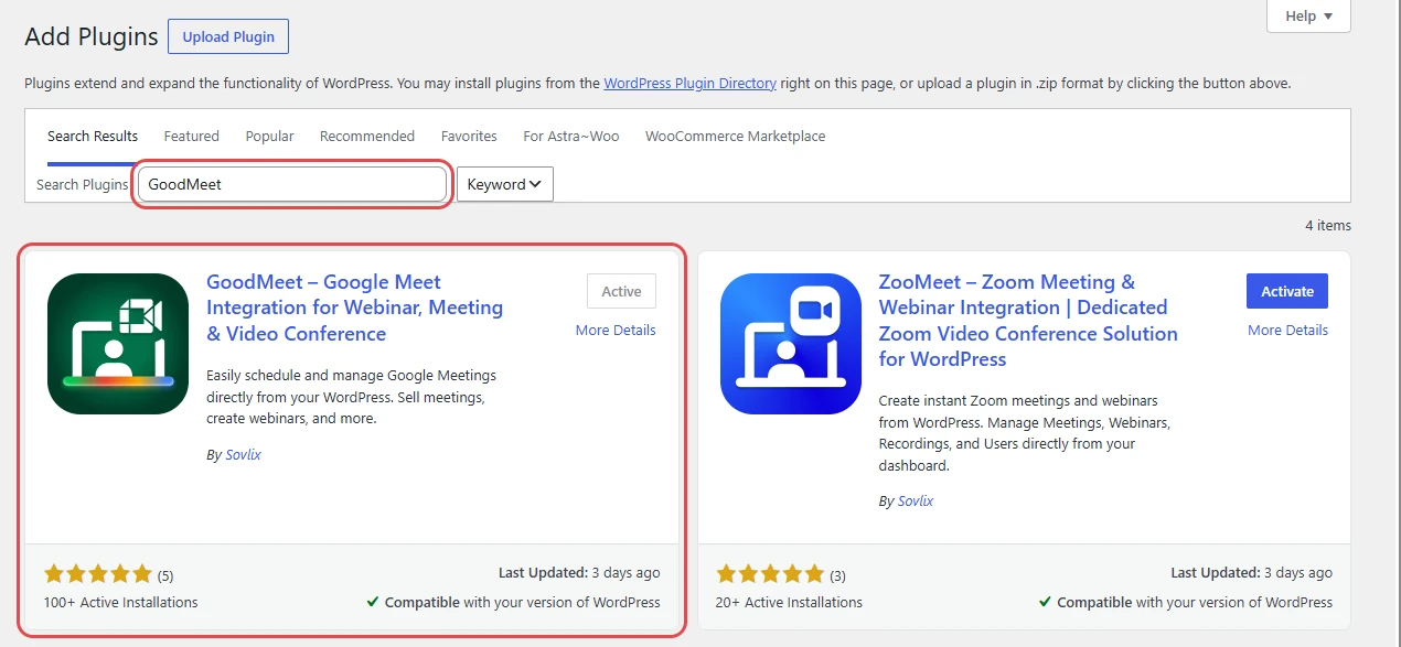 GoodMeet in the plugin search results, ready to install