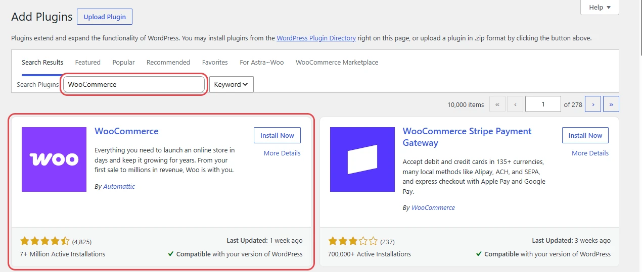 WooCommerce in the plugin search results, ready to install