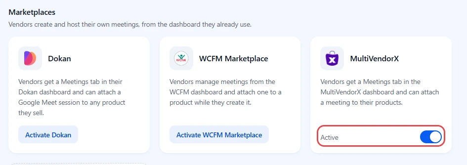 GoodMeet Integrations, Marketplaces group, with the MultiVendorX switch on and highlighted
