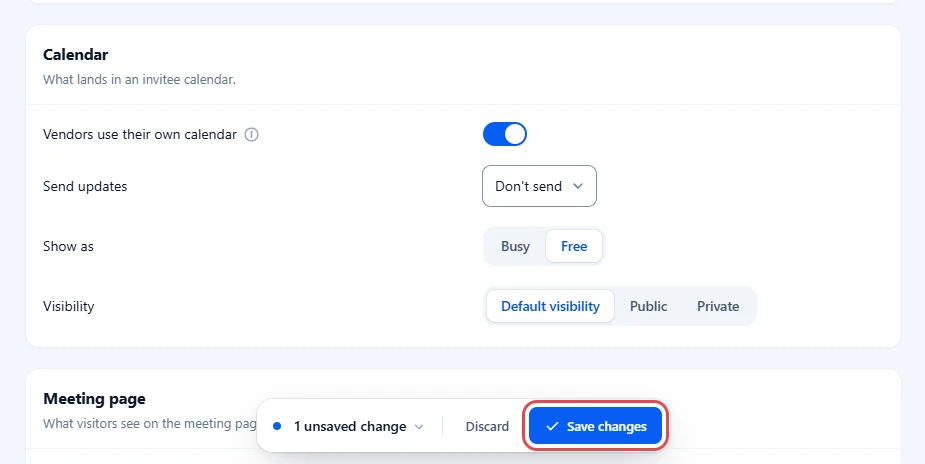 Vendors use their own calendar switched on with the Save changes button highlighted
