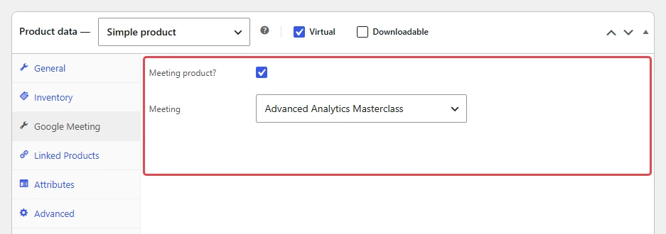 Product data with the Google Meeting tab open, Meeting product ticked and Advanced Analytics Masterclass chosen