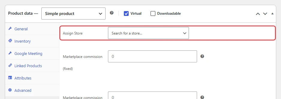 Product data Store tab with the Assign Store field highlighted