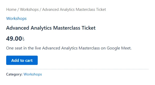 Product page for Advanced Analytics Masterclass Ticket with price and Add to cart