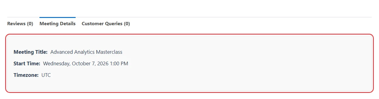 Meeting Details tab showing the meeting title, start time and time zone