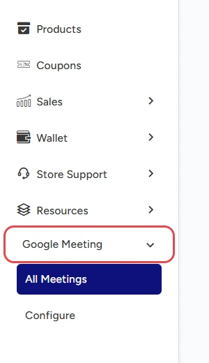 MultiVendorX store dashboard sidebar with Google Meeting highlighted and All Meetings and Configure below it