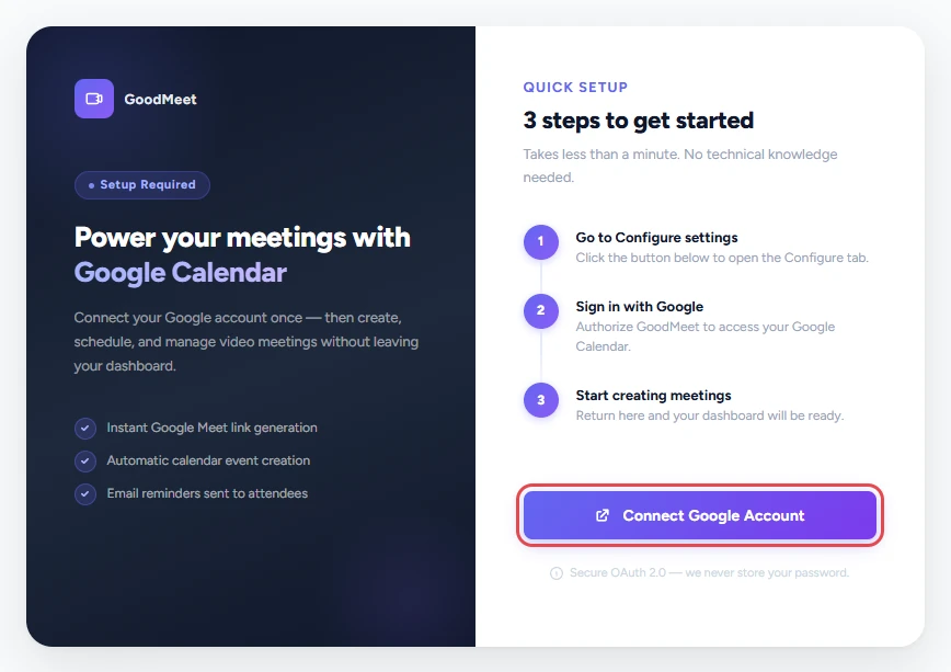 Setup Required card titled Power your meetings with Google Calendar with the Connect Google Account button highlighted